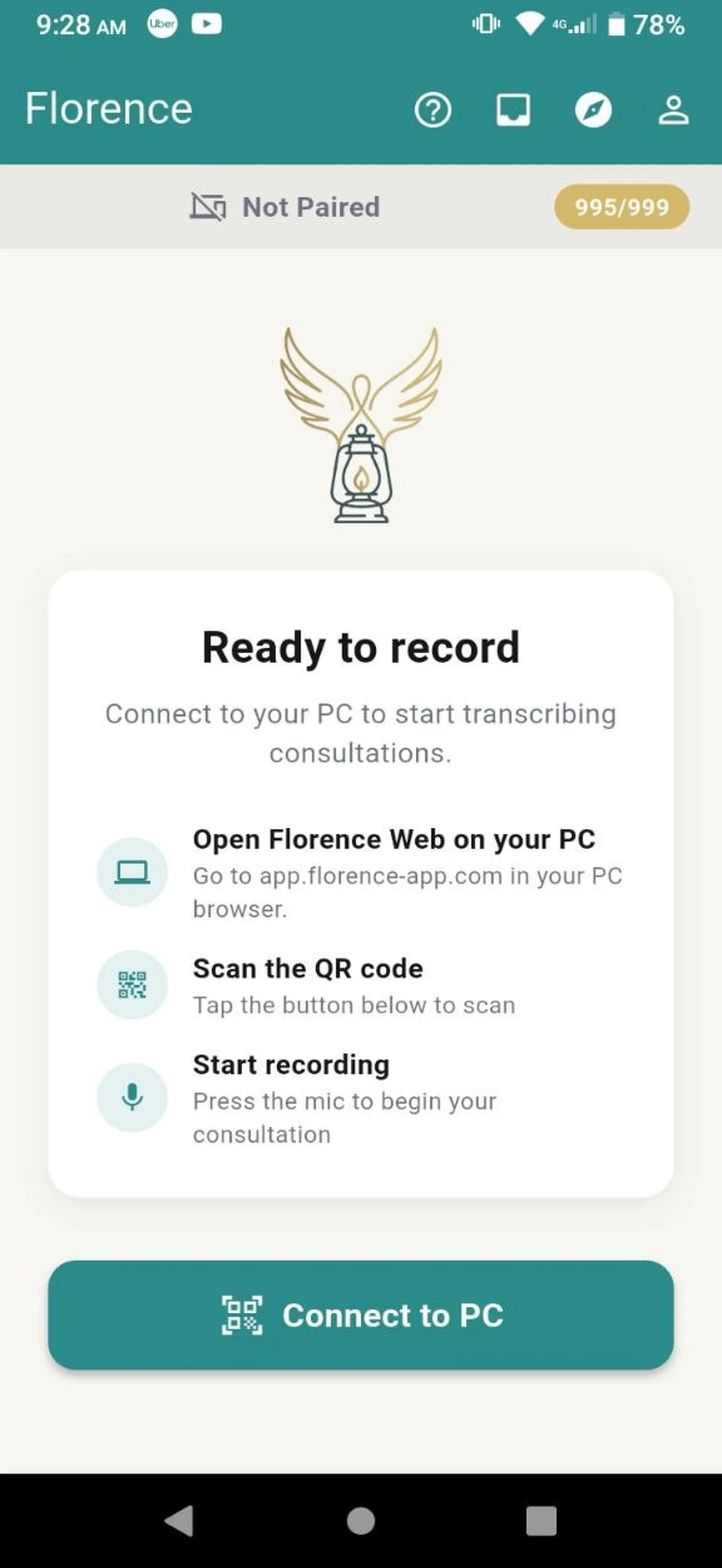 Florence mobile app home screen, waiting to be paired with a computer.