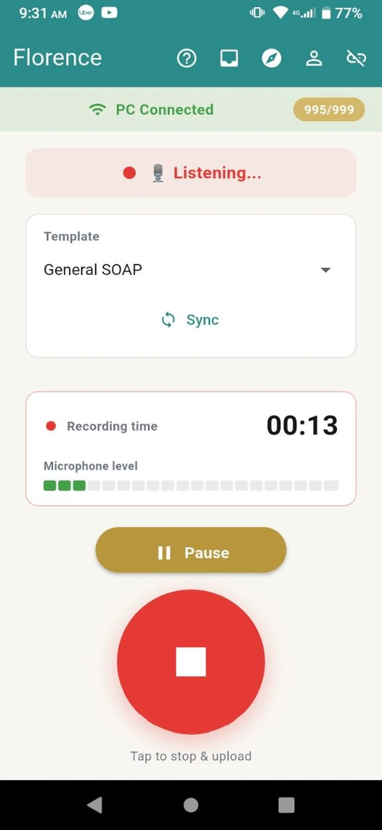 Florence mobile app recording a visit, showing the elapsed time, the microphone level and the selected SOAP note template.