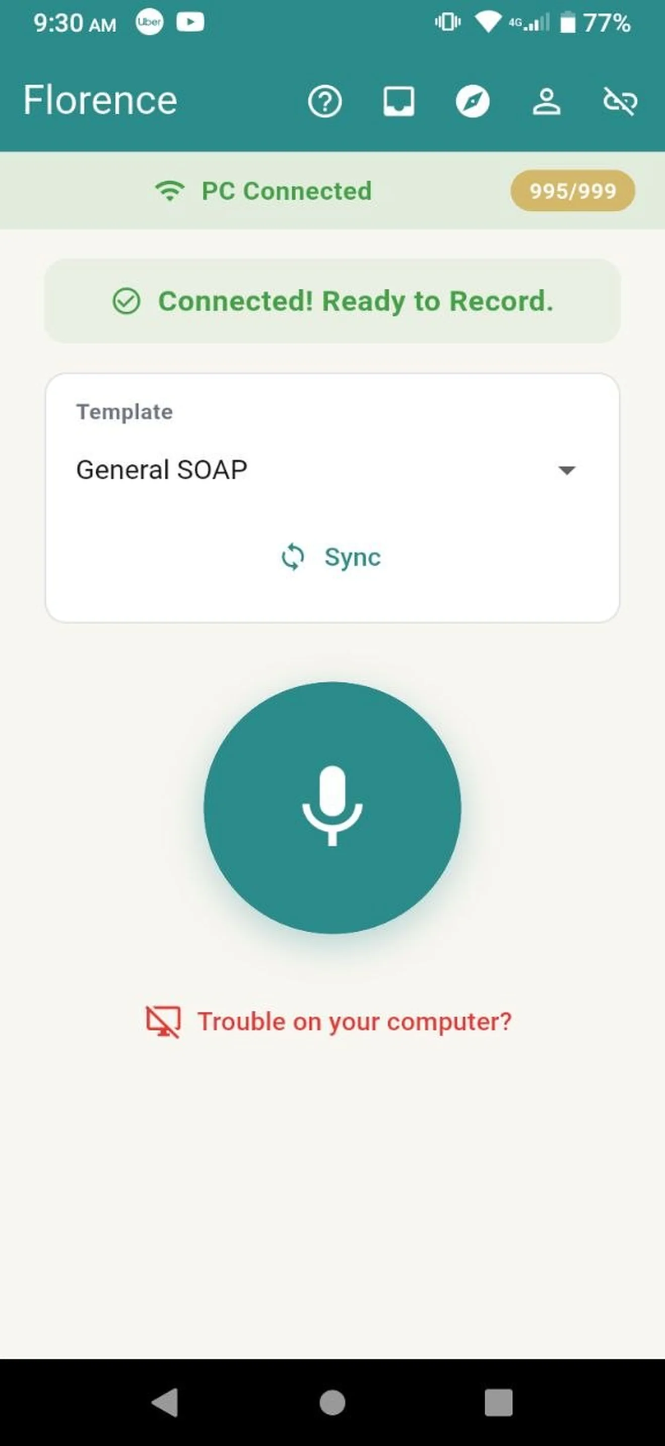 Florence mobile app connected to the computer, with a note template selected and the microphone ready to record.