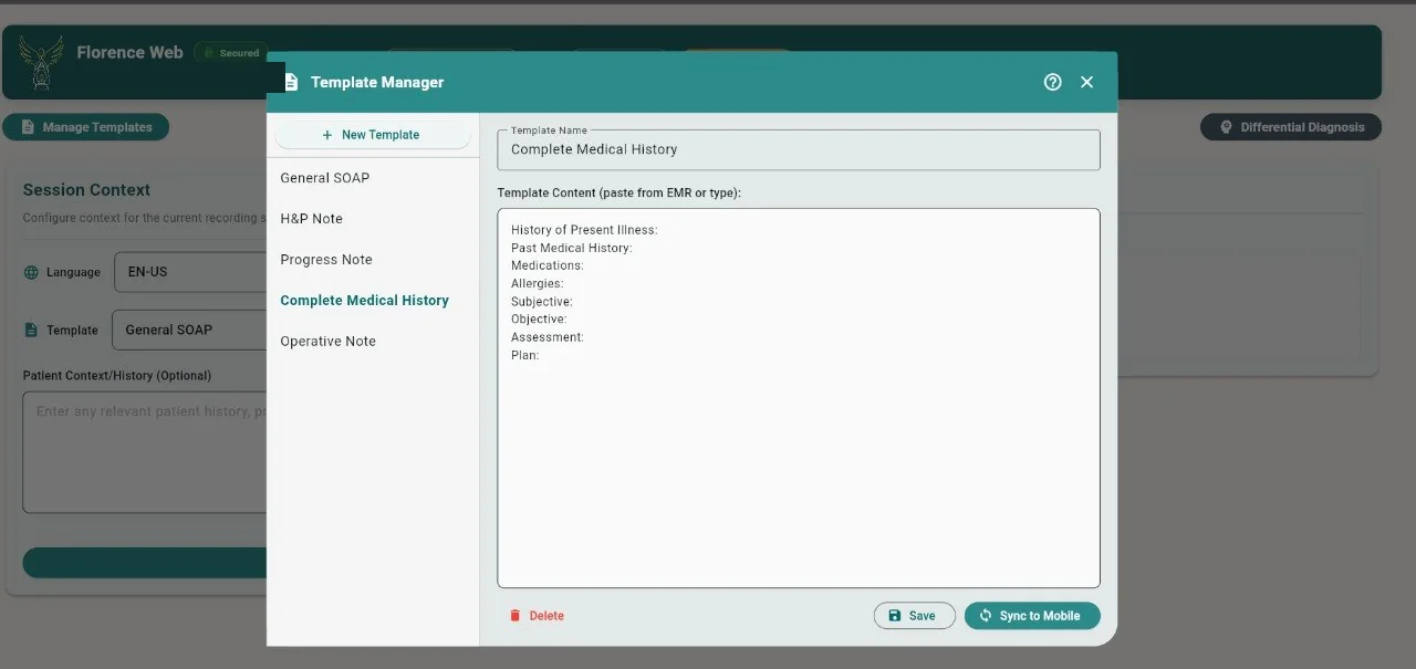 Template manager in the Florence Web Interface, with the Complete Medical History template open for editing alongside the saved templates.