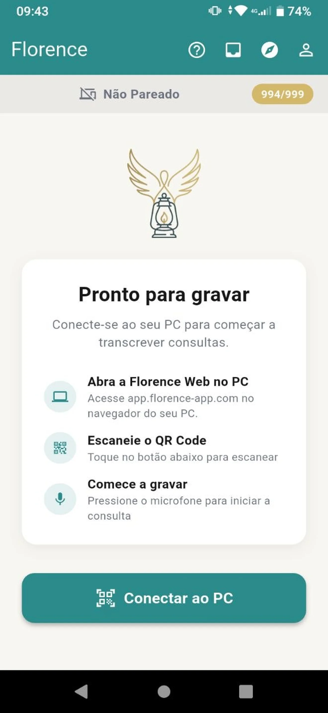Tela inicial do app Florence no celular, aguardando o pareamento com o computador.