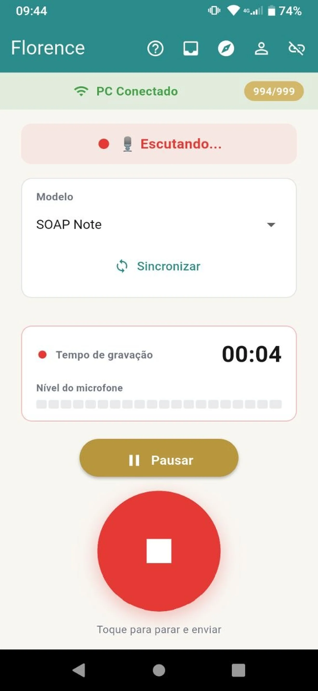 App Florence gravando uma consulta, com cronômetro, nível do microfone e o modelo SOAP Note selecionado.