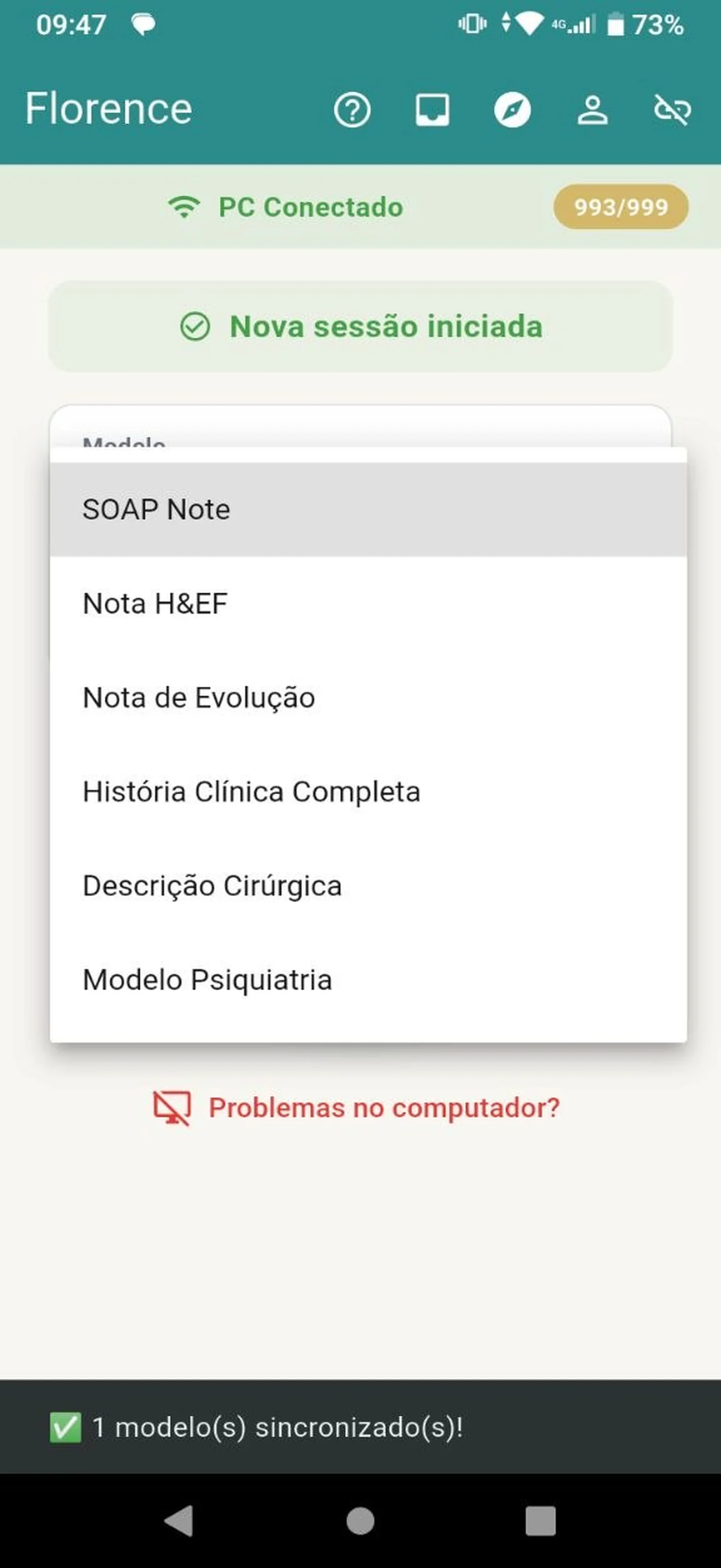 Lista de modelos aberta no app Florence, com SOAP Note, Nota H&EF, Nota de Evolução, História Clínica Completa, Descrição Cirúrgica e um modelo criado pelo usuário.