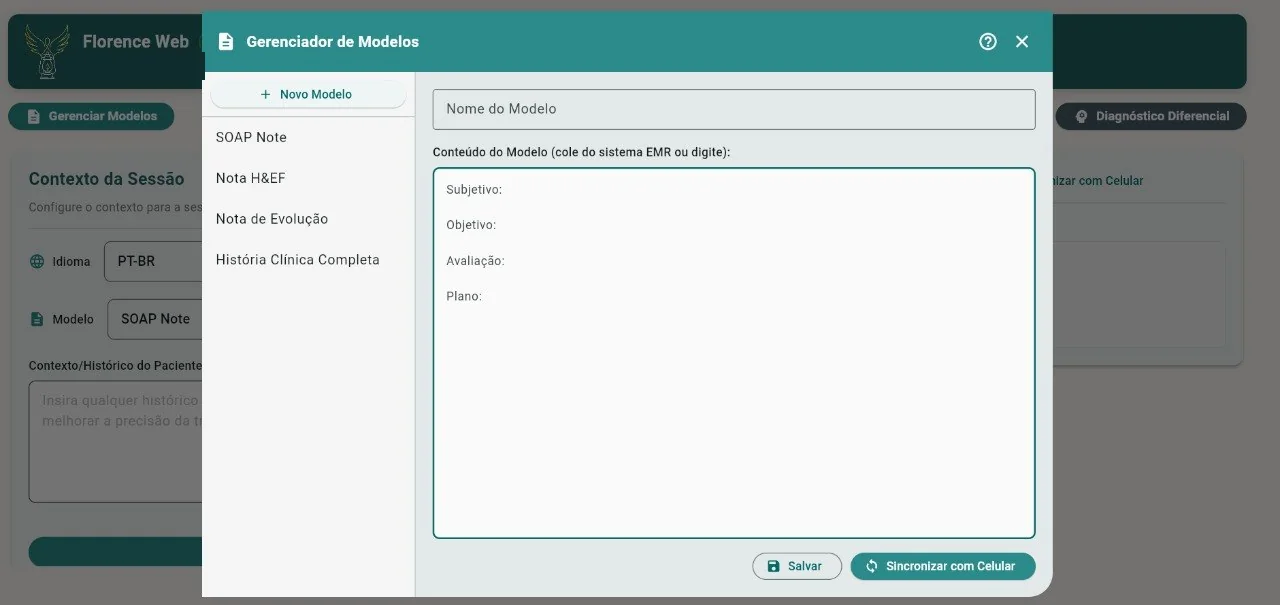 Gerenciador de modelos da Interface Web da Florence, com um novo modelo sendo criado ao lado dos modelos já salvos.