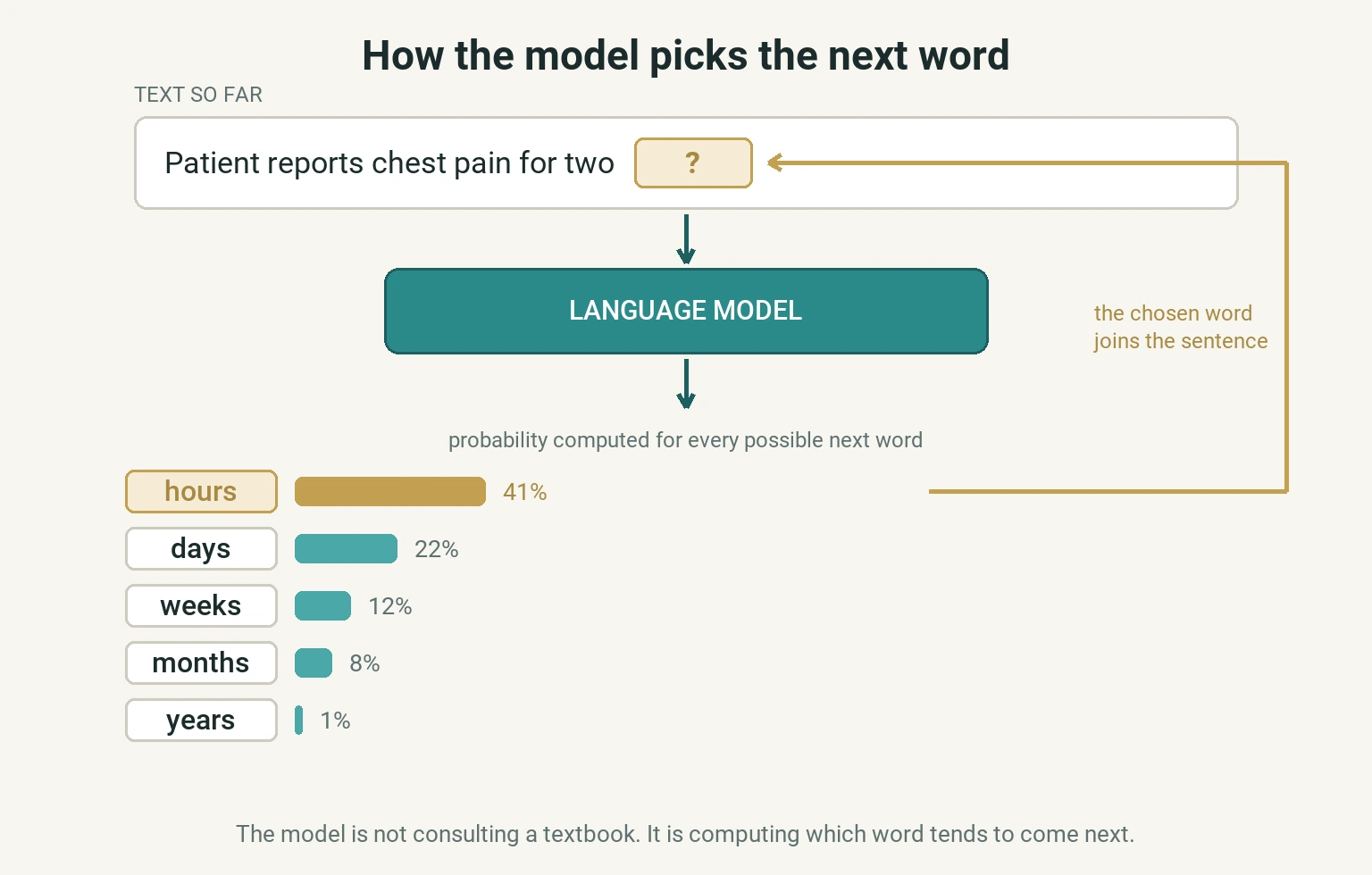 Diagram: the model takes the sentence written so far, computes a probability for every possible next word, picks the most likely one and feeds it back into the sentence, restarting the cycle.